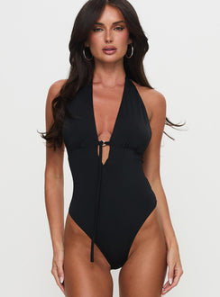 front view of model wearing Princess Polly Two Summers Plunge Neck Bodysuit Black Tall Sleeveless 