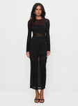 back view of model wearing Princess Polly Meira Sheer Maxi Dress Black Crew Neck 