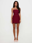 front view of model wearing Princess Polly Nutmeg Strapless Mini Dress Burgundy Straight Neck 