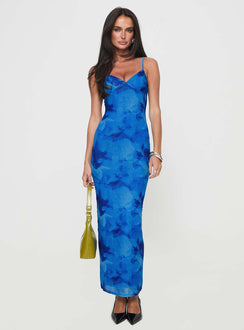 front view of model wearing Princess Polly Hathaway Maxi Dress Blue Floral Plunger 