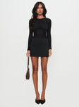 front view of model wearing Princess Polly Perissa Long Sleeve Mini Dress Black Crew Neck 