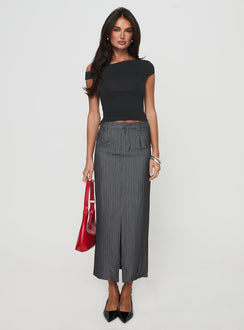   side view of model wearing Princess Polly Cubeb Maxi Skirt Grey 