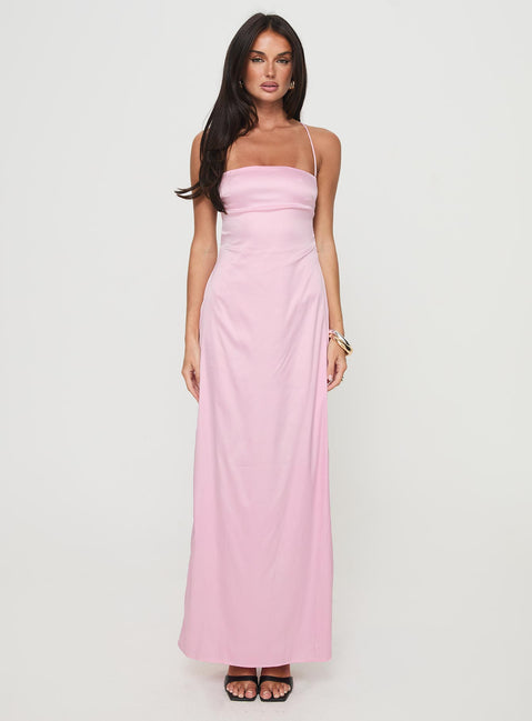 front view of model wearing Princess Polly Roselyn Maxi Dress Pink Straight Neck 