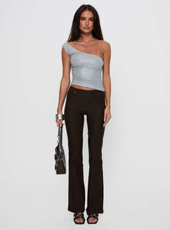 front view of model wearing Princess Polly Kinkirk Flared Pants Chocolate Petite Low Rise Pants 