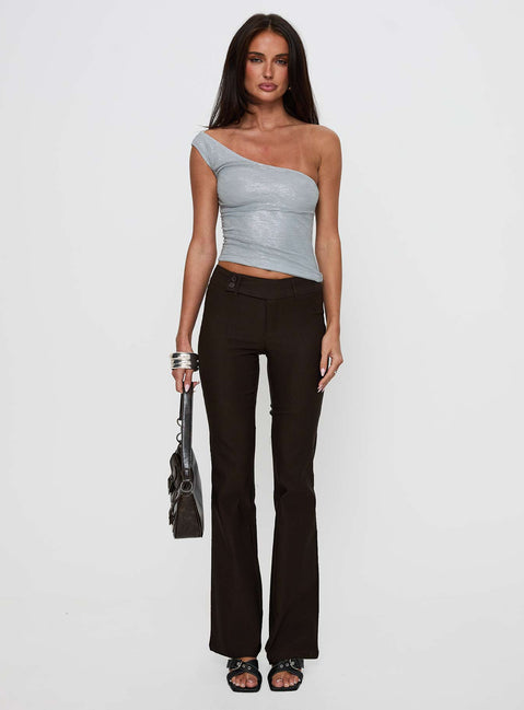 front view of model wearing Princess Polly Kinkirk Flared Pants Chocolate Petite Low Rise Pants 