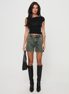 front view of model wearing Princess Polly Lou Carpenter Denim Shorts Antique Wash High Waisted Shorts 