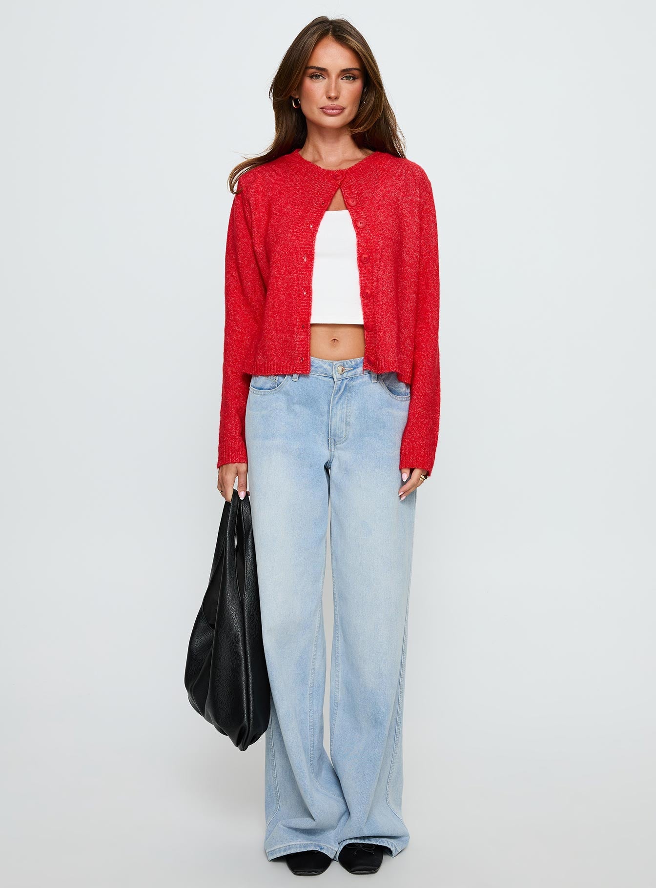 back view of model wearing Princess Polly Denmark Cardigan Red cropped 