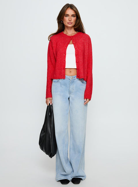 back view of model wearing Princess Polly Denmark Cardigan Red cropped 