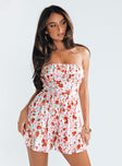 Strapless romper Floral print Inner silicone strip at bust Shirred back band Invisible zip fastening at back