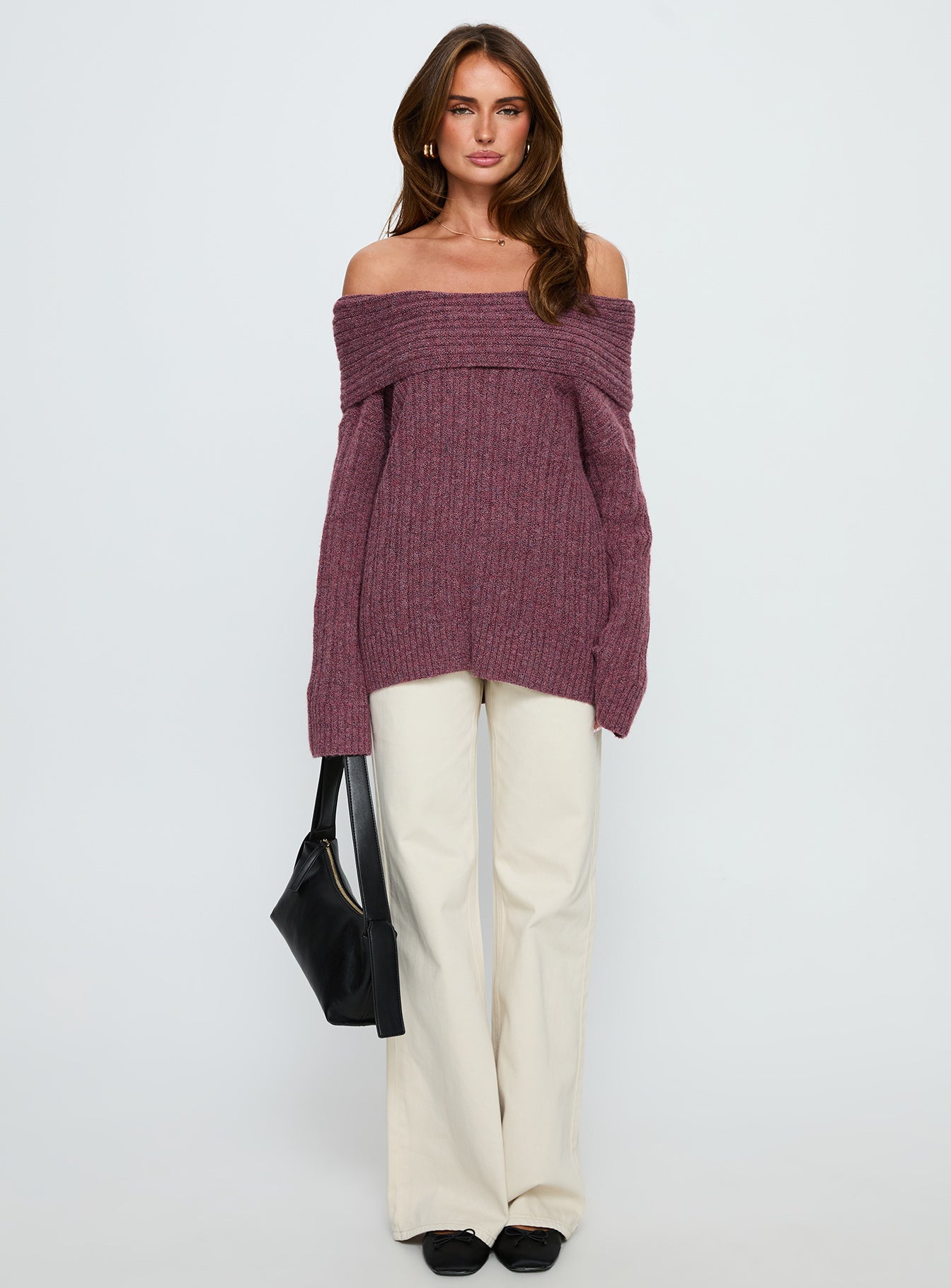 front view of model wearing Princess Polly Snowie Off Shoulder Knit Sweater Burgundy Long 