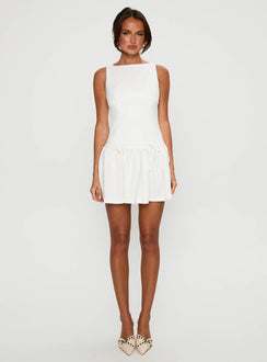 side view of model wearing Princess Polly Milienne Mini Dress White Crew Neck 