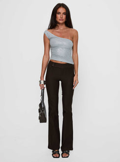 side view of model wearing Princess Polly No Distractions One Shoulder Top Silver Sleeveless Asymmetric Neckline 