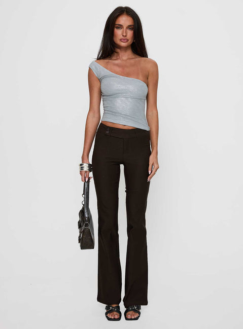 side view of model wearing Princess Polly No Distractions One Shoulder Top Silver Sleeveless Asymmetric Neckline 