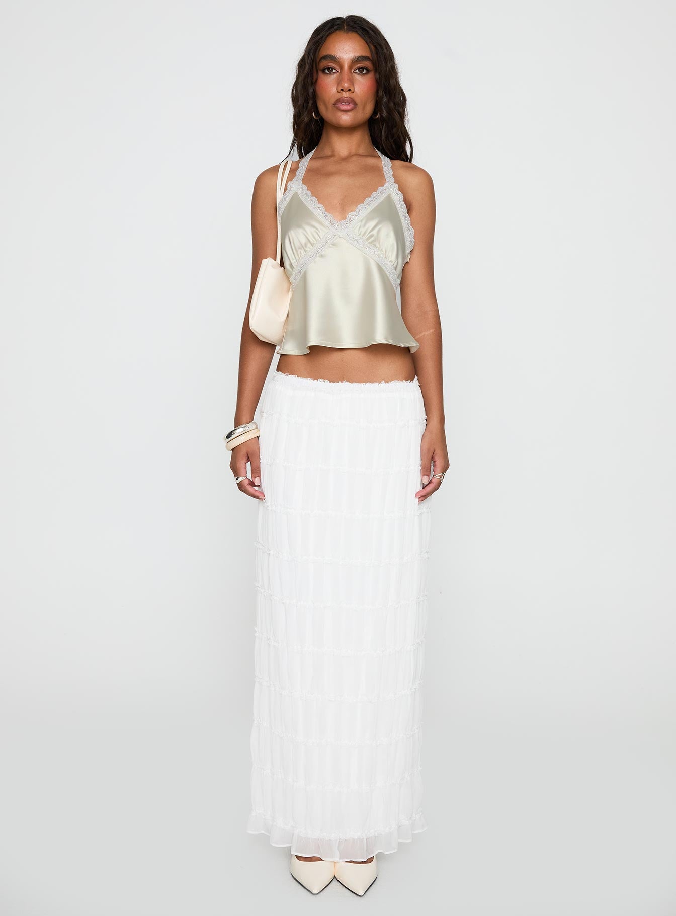   front view of model wearing Princess Polly Estefania Maxi Skirt White Maxi 