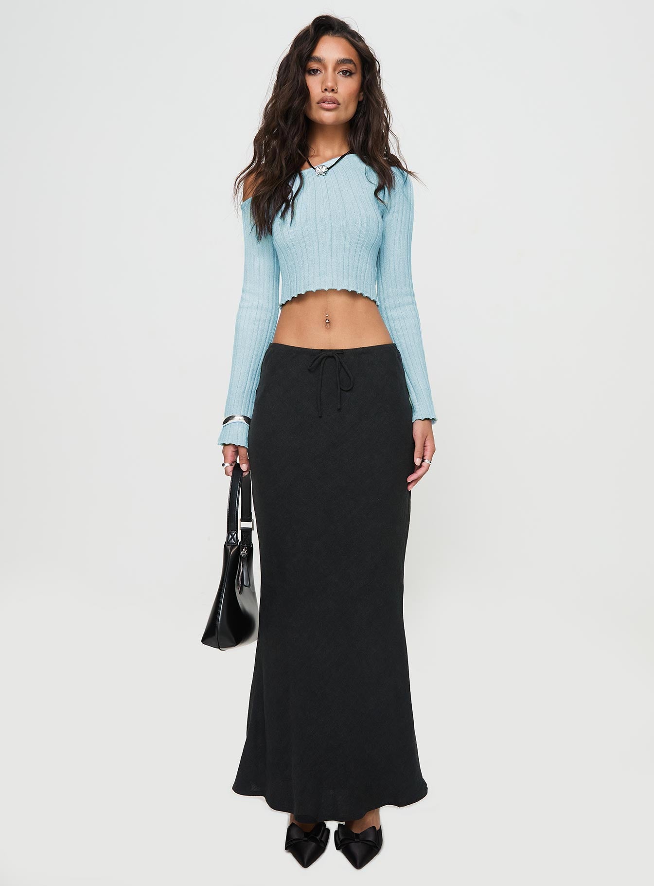 front view of model wearing Princess Polly Santorini Knit Top Blue Full Sleeves Asymmetric Neckline 