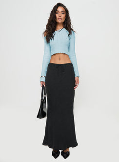 front view of model wearing Princess Polly Santorini Knit Top Blue Full Sleeves Asymmetric Neckline 