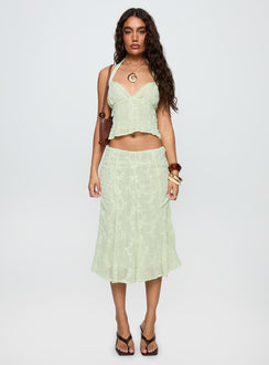   side view of model wearing Princess Polly Aspyn Embroidered Midi Skirt Sage Green Midi Skirts 