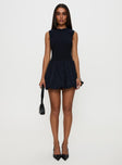 side view of model wearing Princess Polly Narnie Mini Dress Navy High Neck 