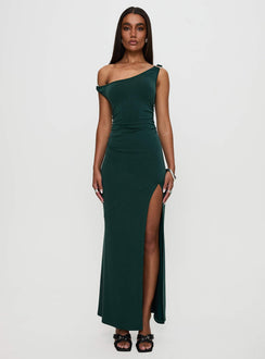 front view of model wearing Princess Polly Rios One Shoulder Maxi Dress Green Scoop Neck 