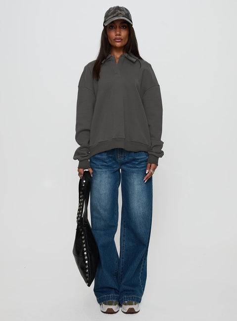 side view of model wearing Princess Polly Back Around Collared Fleece Jumper Slate 