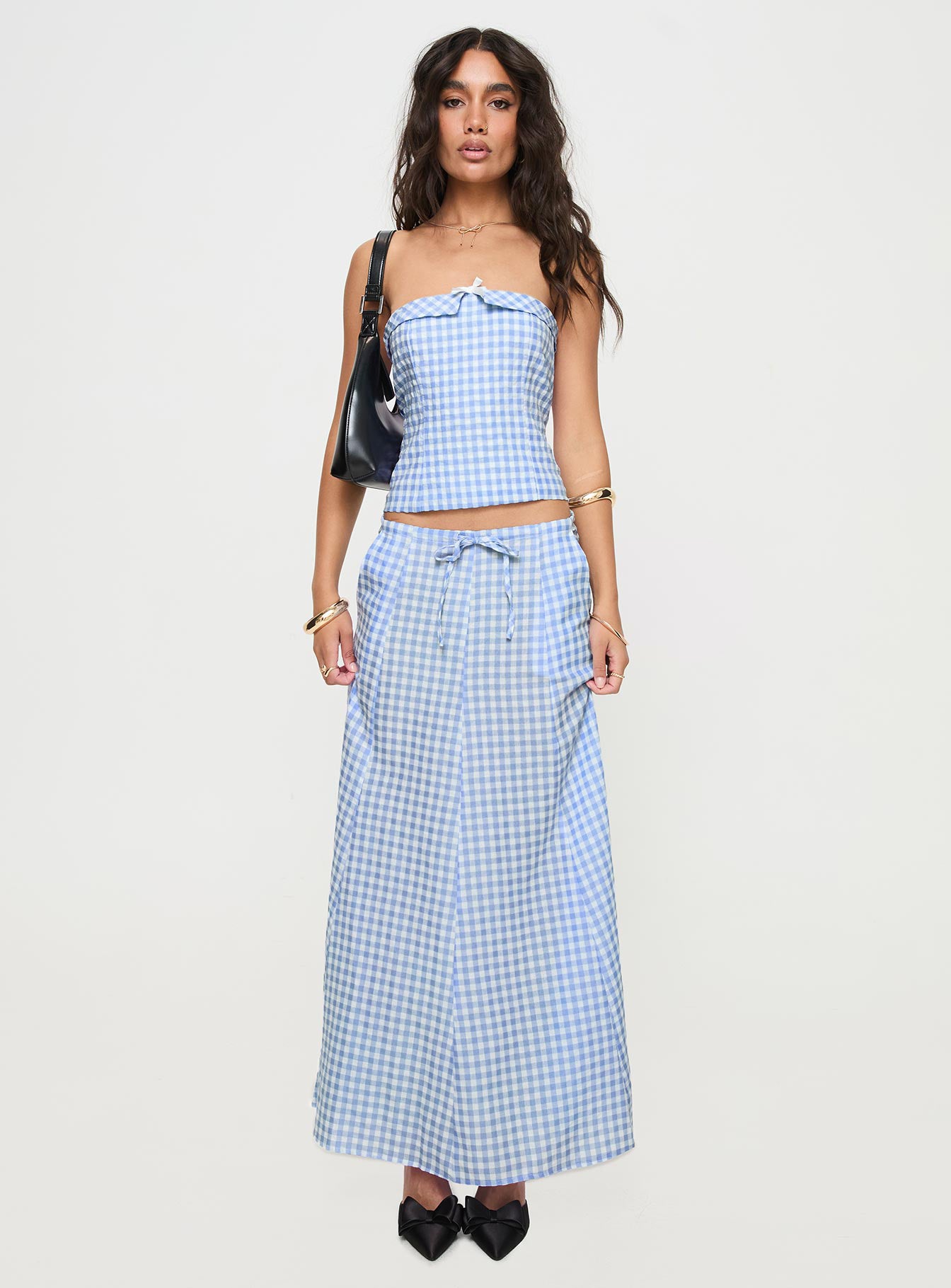   front view of model wearing Princess Polly Carmino Maxi Skirt Blue Check Midi Skirts 