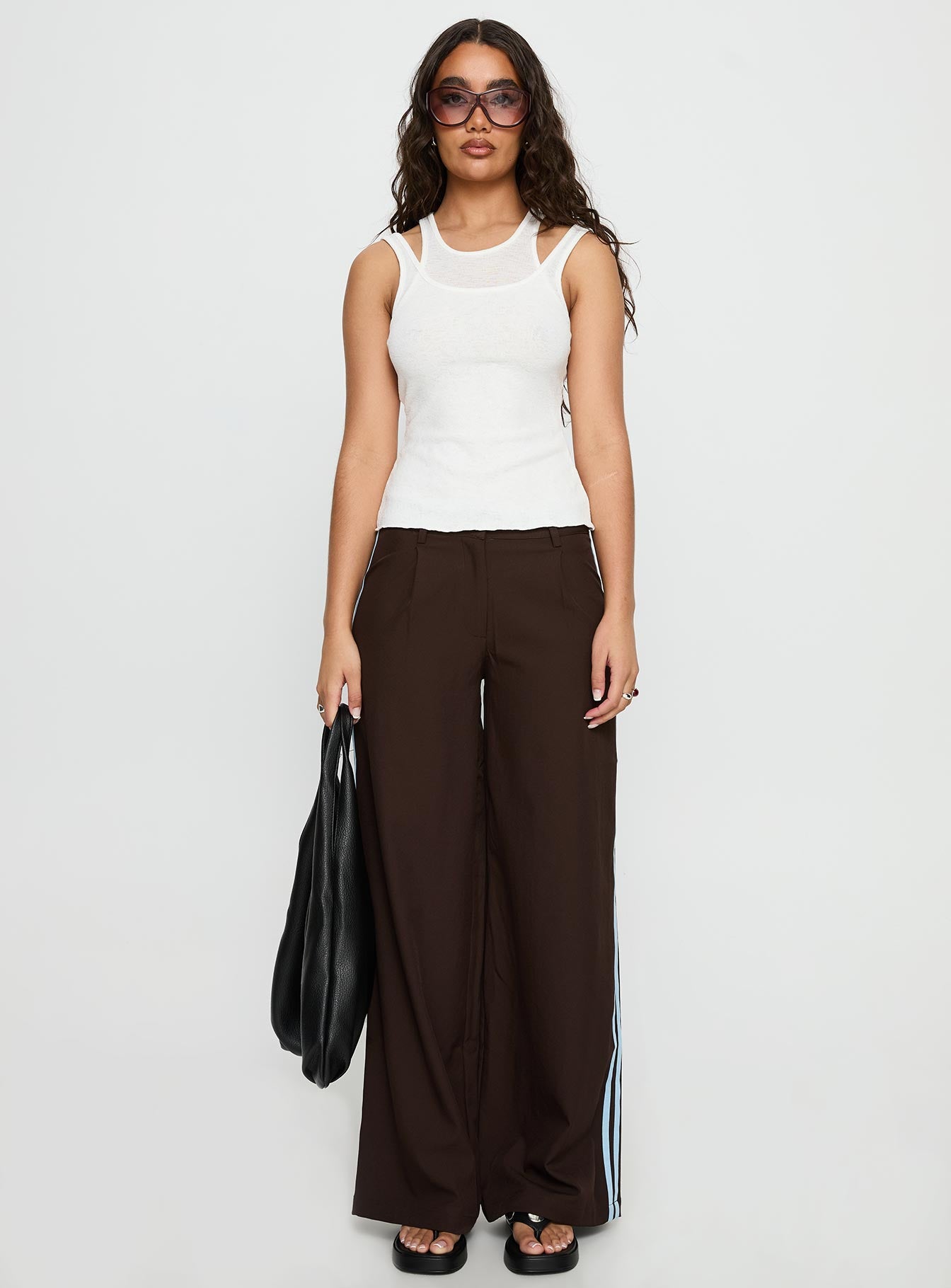 front view of model wearing Princess Polly Wendi Tipping Suit Pant Brown / Blue Mid Rise Pants 