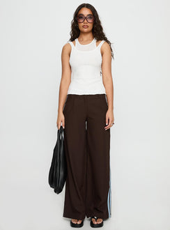 front view of model wearing Princess Polly Wendi Tipping Suit Pant Brown / Blue Mid Rise Pants 