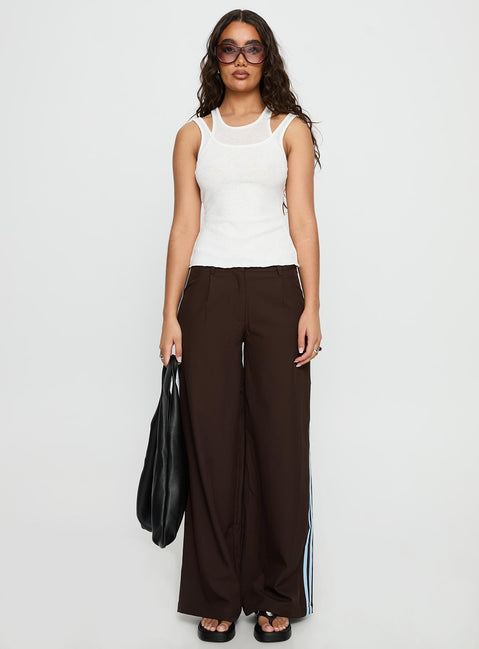 front view of model wearing Princess Polly Wendi Tipping Suit Pant Brown / Blue Mid Rise Pants 