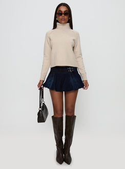 front view of model wearing Princess Polly Enrica Funnel Neck Knit Sweater Cream Cropped 