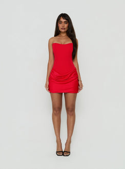 Delmina Strapless Drop Waist Satin Mini Dress Red