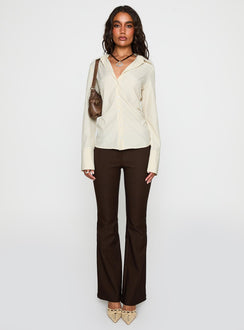 back view of model wearing Princess Polly Rush Hour Long Sleeve Top Yellow Stripe Full Sleeves V-Neck 