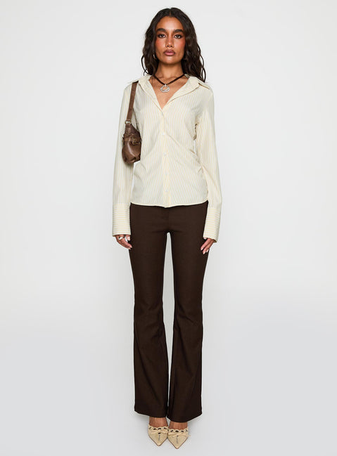 back view of model wearing Princess Polly Rush Hour Long Sleeve Top Yellow Stripe Full Sleeves V-Neck 