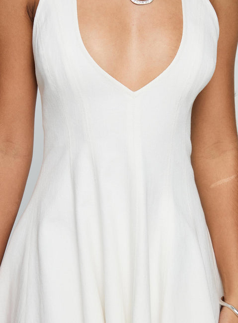 back view of model wearing Princess Polly Out Of Nowhere Halter Mini Dress White Plunger 