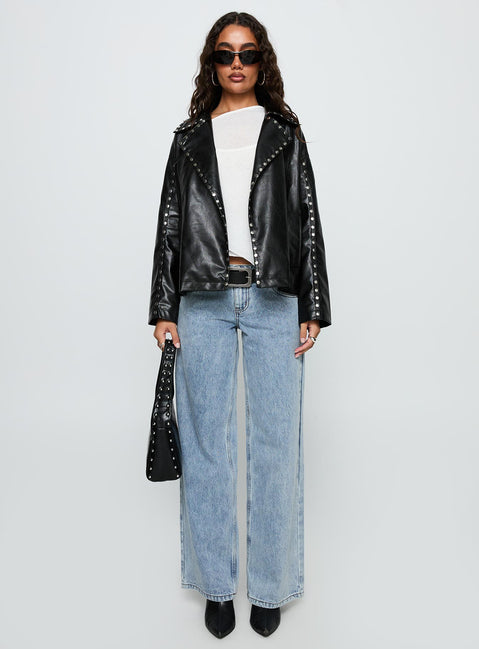 Kaeden Faux Leather Stud Detail Biker Jacket Black