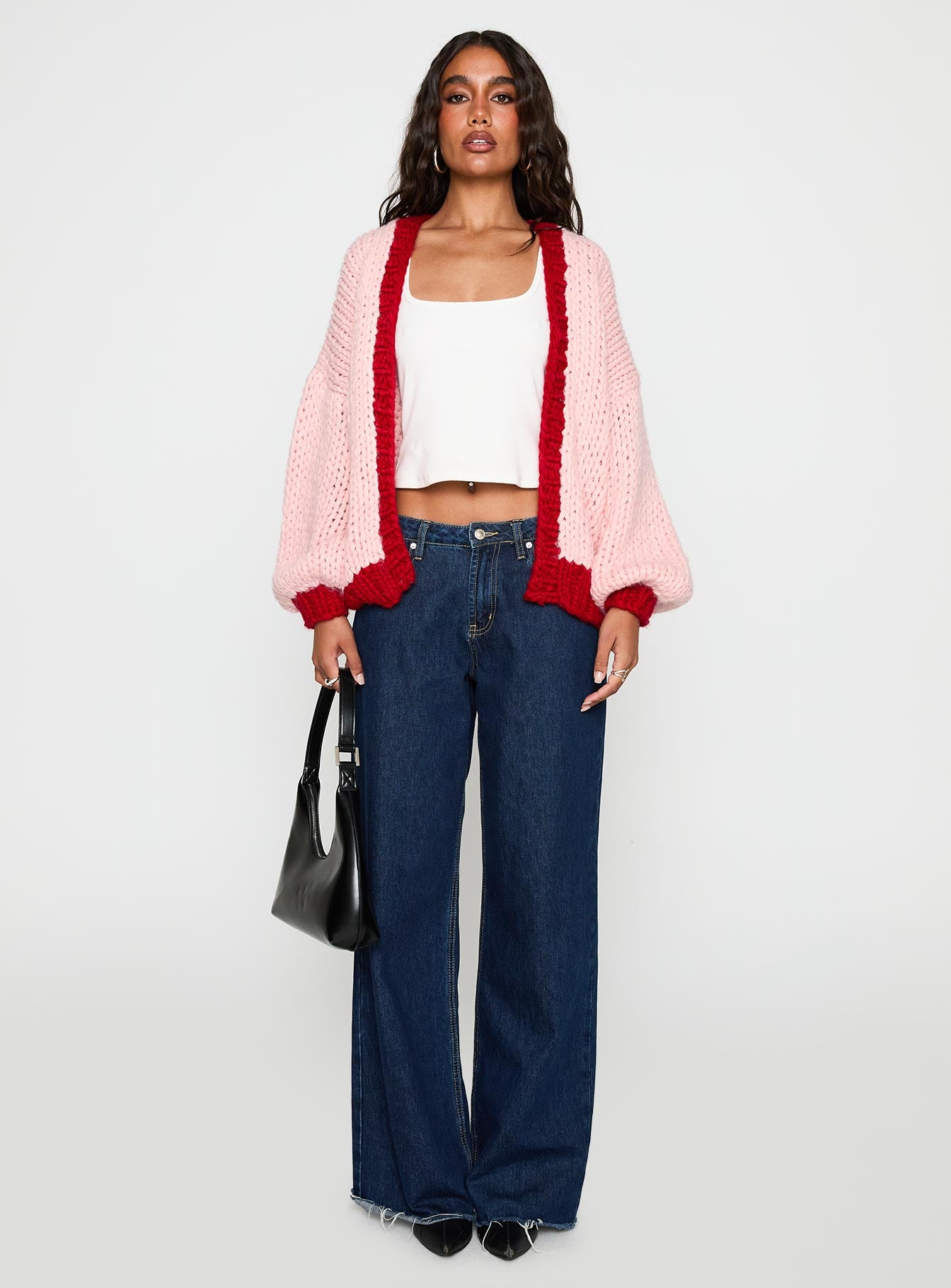 front view of model wearing Princess Polly Lester Knit Cardigan Pink / Red Long 