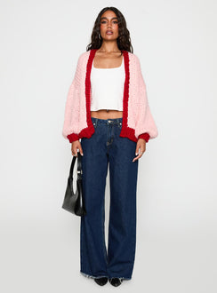 front view of model wearing Princess Polly Lester Knit Cardigan Pink / Red Long 