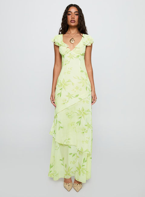 front view of model wearing Princess Polly Been Away Frill Maxi Dress Green Multi Plunger 