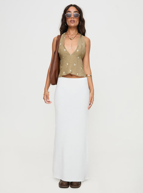 front view of model wearing Princess Polly Zachariah Halter Top Brown Sleeveless Plunger 