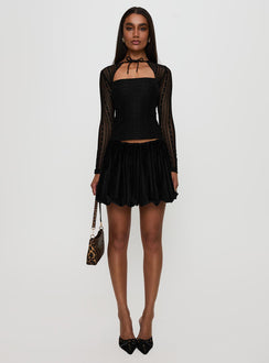 front view of model wearing Princess Polly Worth My Time Tie Neck Cut Out Top Black Full Sleeves High Neck 