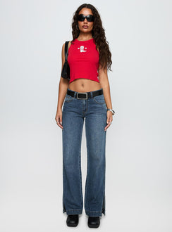front view of model wearing Princess Polly Dog Days Mid Rise Straight Leg Jeans Dark Blue Wash Mid Rise Jeans 