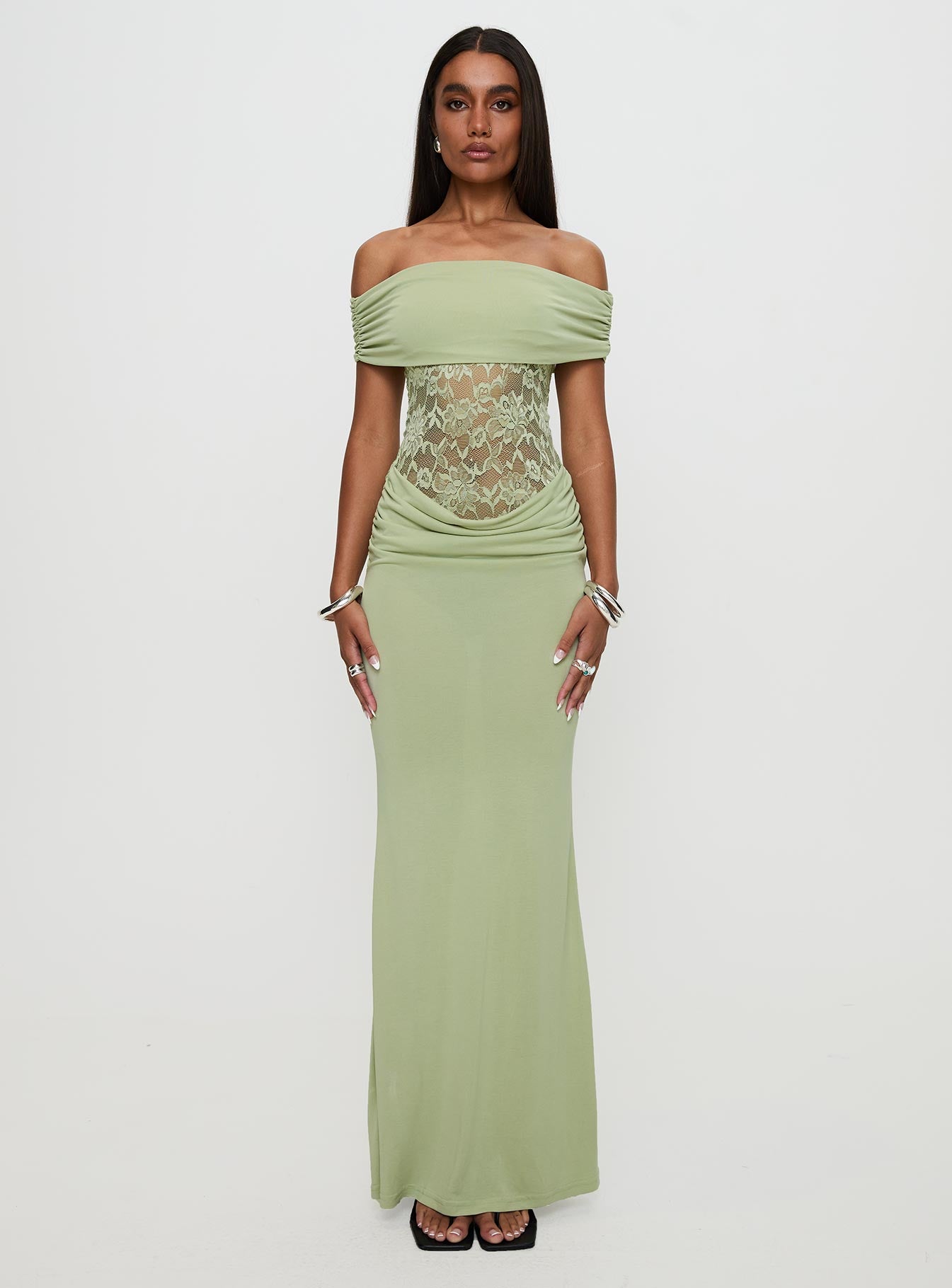 front view of model wearing Princess Polly Gwendolen Off The Shoulder Maxi Dress Green Straight Neck 