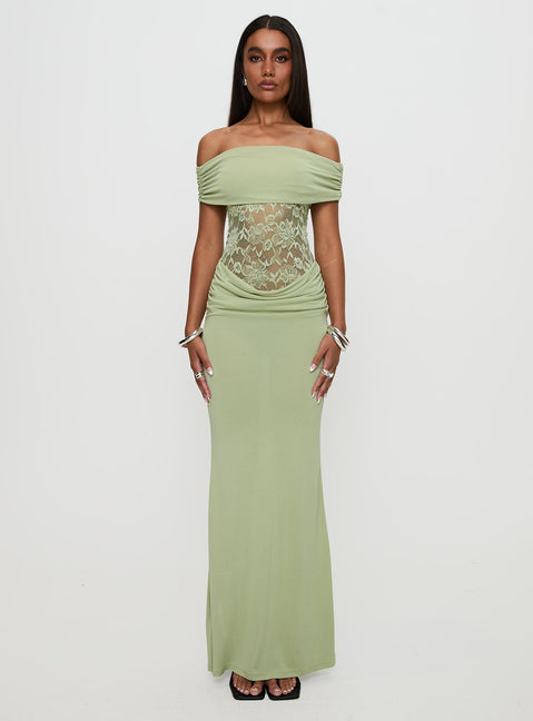 front view of model wearing Princess Polly Gwendolen Off The Shoulder Maxi Dress Green Straight Neck 