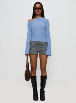 front view of model wearing Princess Polly Phillips Cold Shoulder Sweater Blue Cropped 