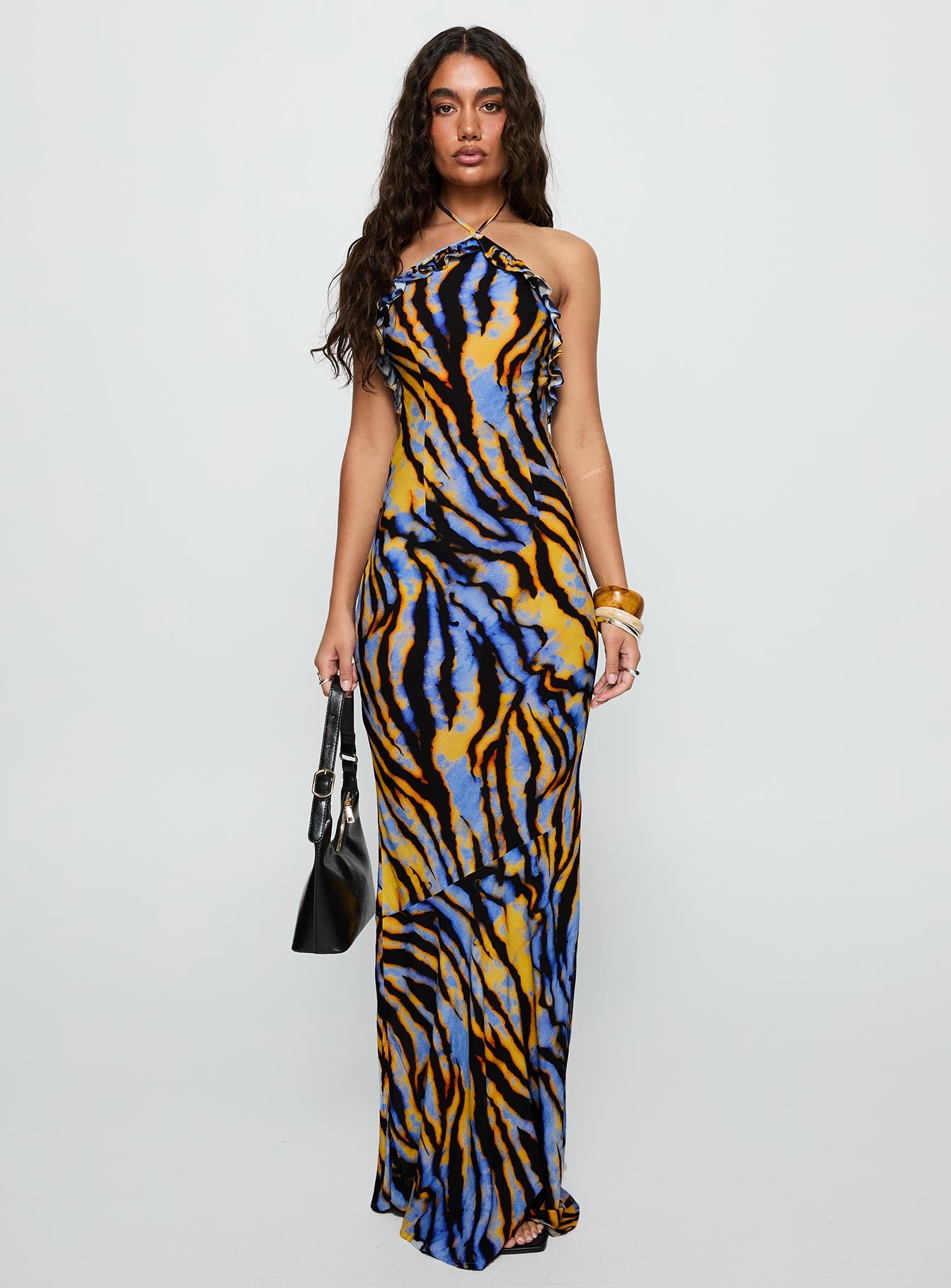front view of model wearing Princess Polly Virginia Beach Backless Maxi Dress Blue Zebra High Neck 
