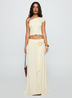 front view of model wearing Princess Polly Full Orbit One Shoulder Top Cream Sleeveless Asymmetric Neckline 