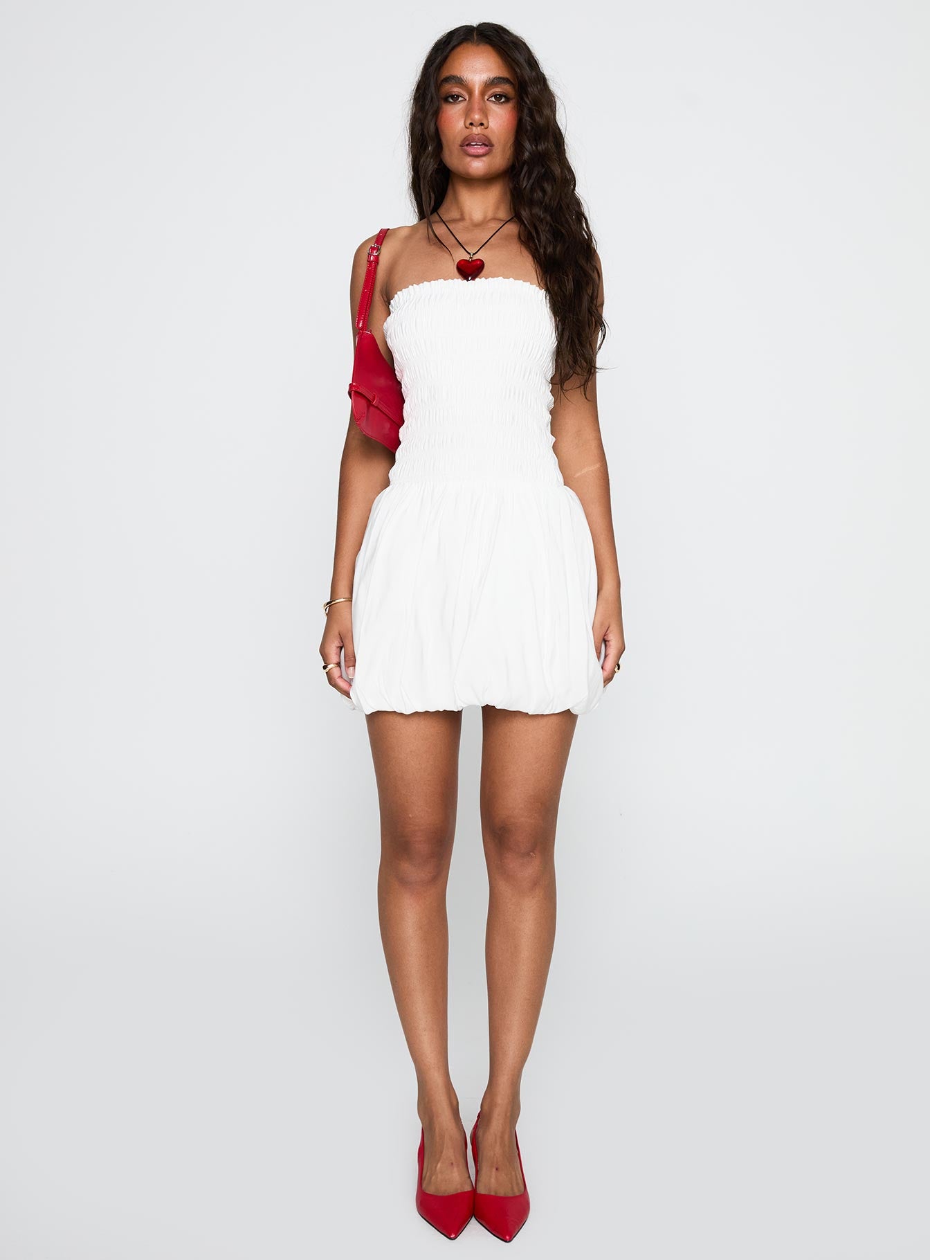 front view of model wearing Princess Polly Anemone Bubble Hem Mini Dress White Straight Neck 