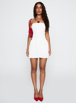 front view of model wearing Princess Polly Anemone Bubble Hem Mini Dress White Straight Neck 
