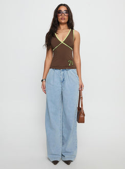 front view of model wearing Princess Polly Siloh Wide Leg Denim Jeans Blue Mid Rise Jeans 