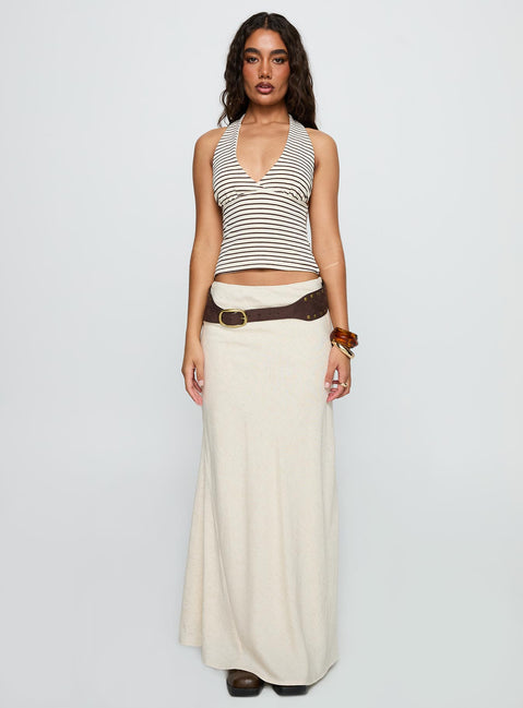 front view of model wearing Princess Polly Whimsy Halter Top Chocolate / White Stripe Sleeveless Plunger 