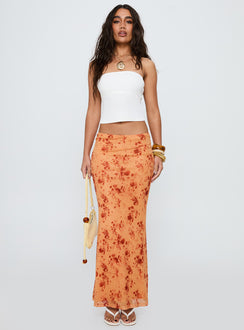   front view of model wearing Princess Polly Shepherd Maxi Skirt Orange Multi Maxi 